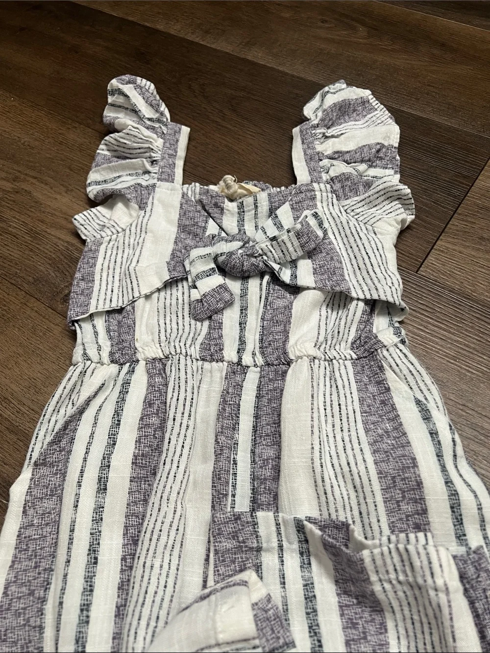 Jessica Simpson Cream & Purple Striped Ruffle Strap Jumpsuit
